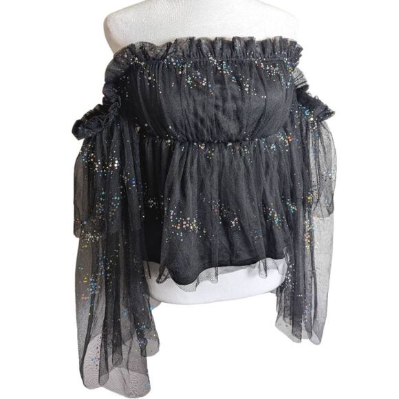 Symphony Black Iridescent Sequin Mesh Ruffle Off-Shoulder Bell Sleeve Top S - Picture 4 of 7